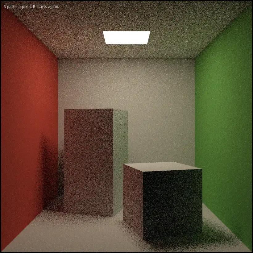 A path-traced room after 3 paths a pixel